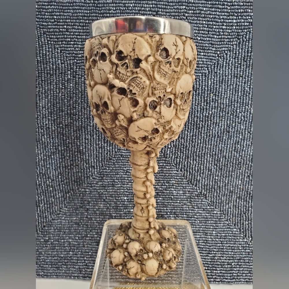 Ossuary Skull Wine Goblet Chalice Beverage Fantasy Decor 7.5"H Steel & Resin